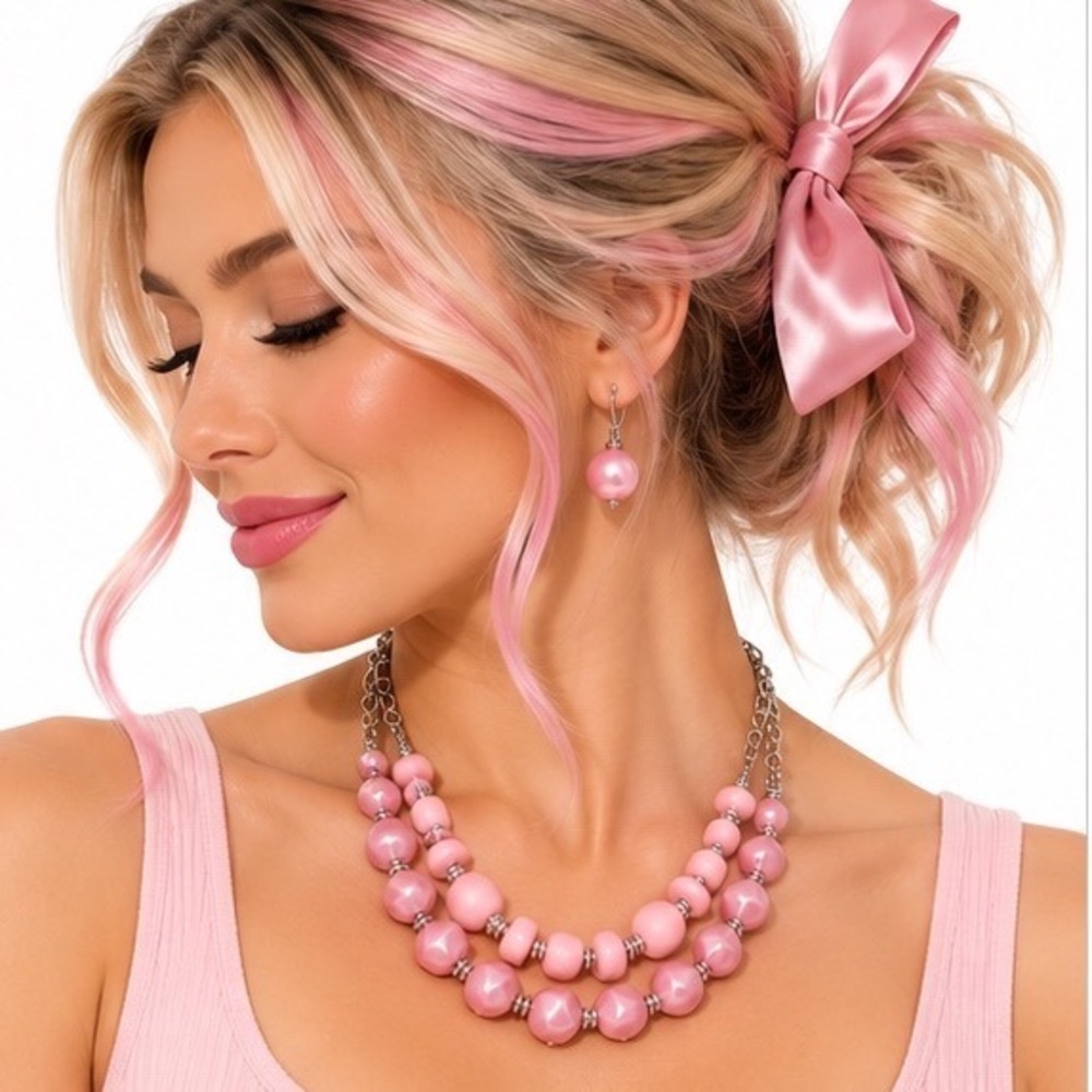 Paparazzi Pink Chunky Double Strand Bead Necklace and Earring Set Silver Tone